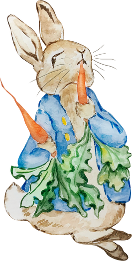 Watercolor rabbit in a blue jacket with a carrot